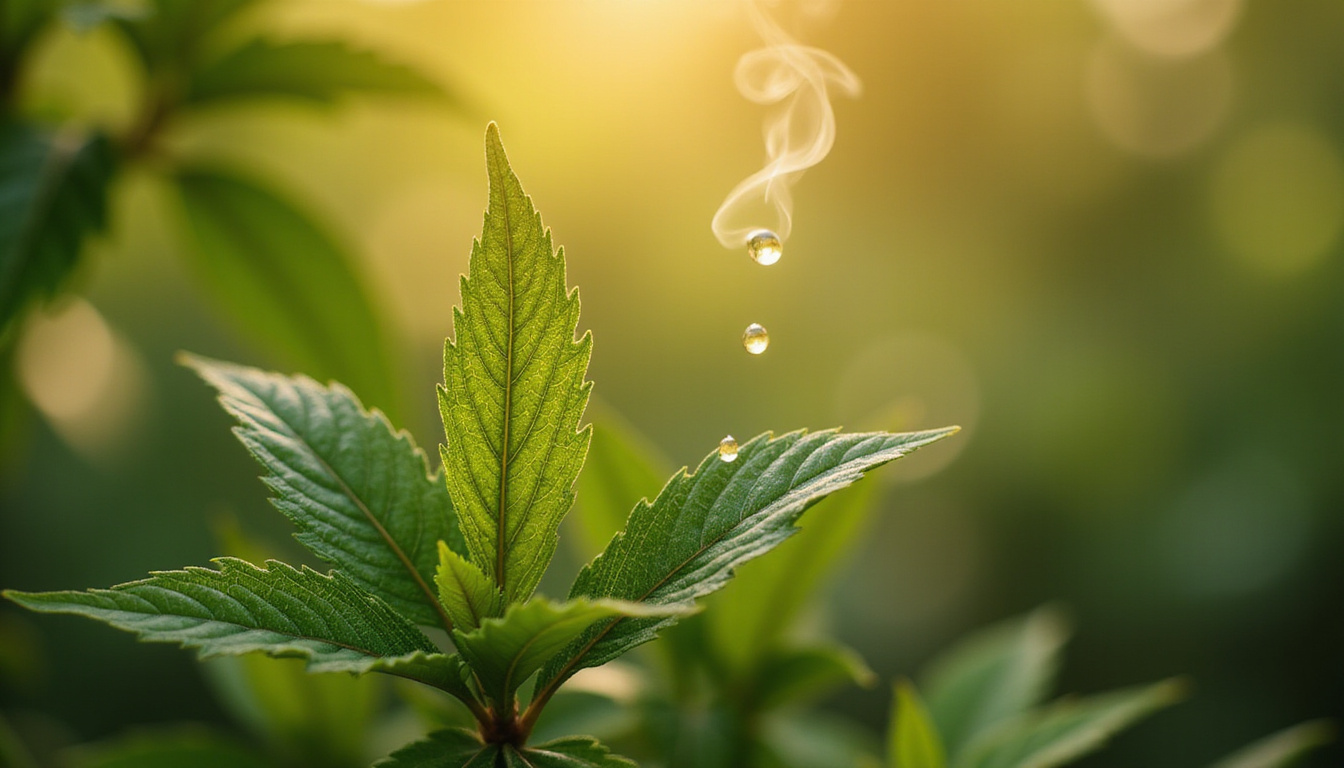  Close-up patchouli plant leaves, oil drop glistening, aromatic vapor curling into calming golden mood halo