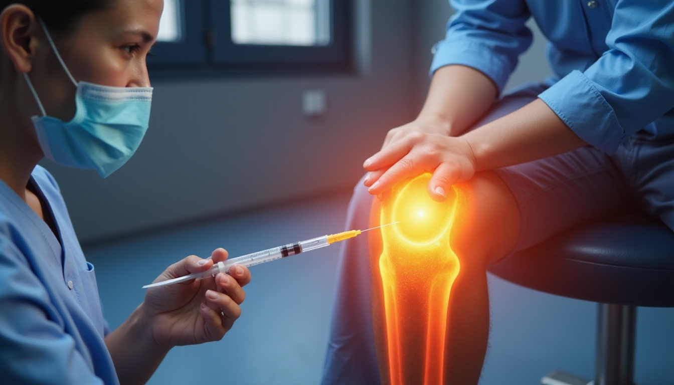  Patient smiling, receiving viscosupplement knee injection, symbolic glowing cartilage repair animation