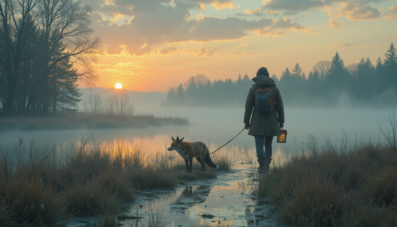 Spirit fox guide leading lone traveler across misty marsh, lanterns, sacred symbols