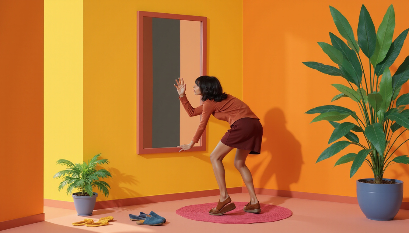  Person arranging slippers, whispering to mirror, shadowy superstitions subtly shaping routine, warm domestic realism