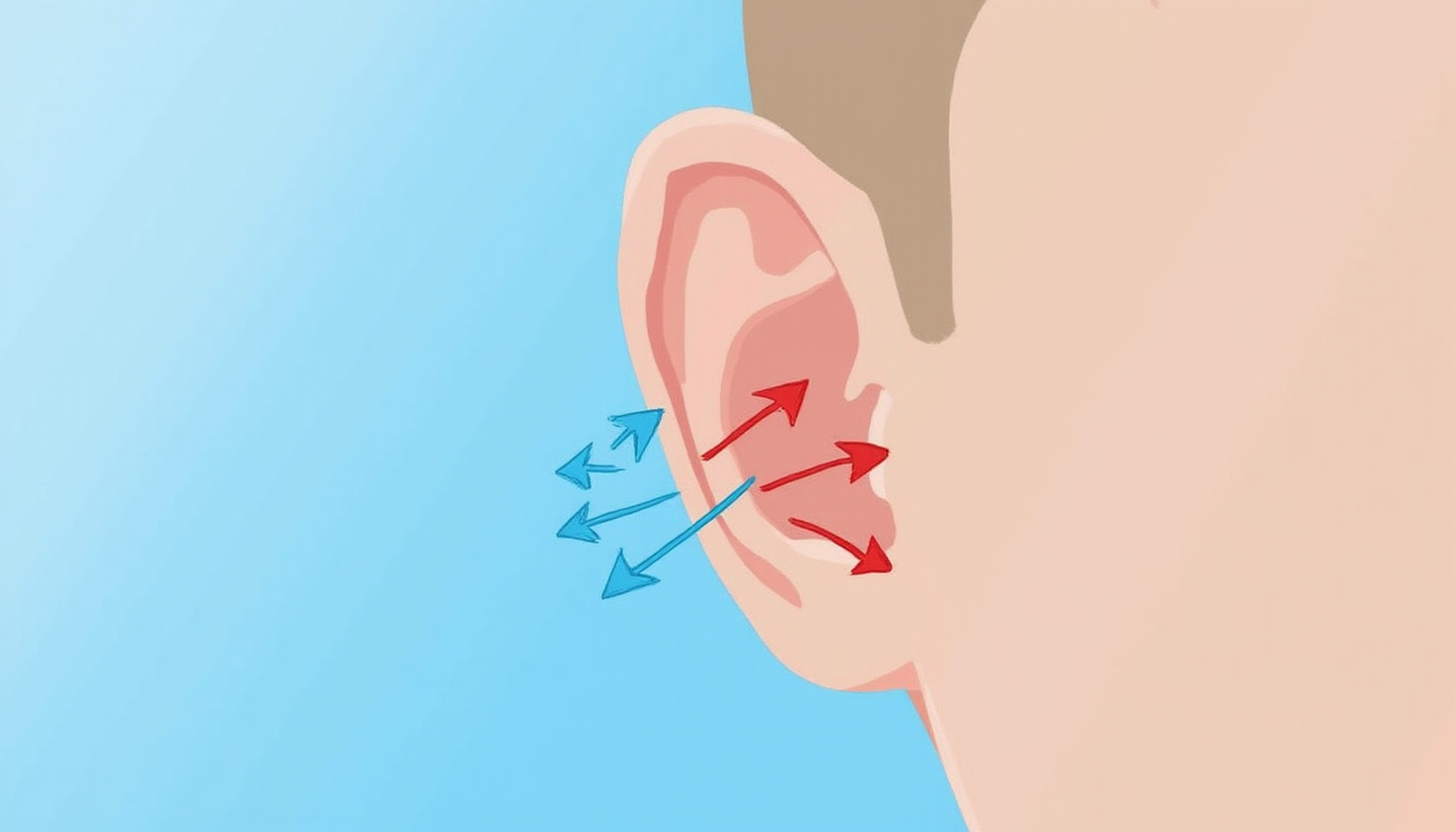 Close-up inner ear illustration, pressure-equalizing arrows, soft blue gradient, clear instructional style