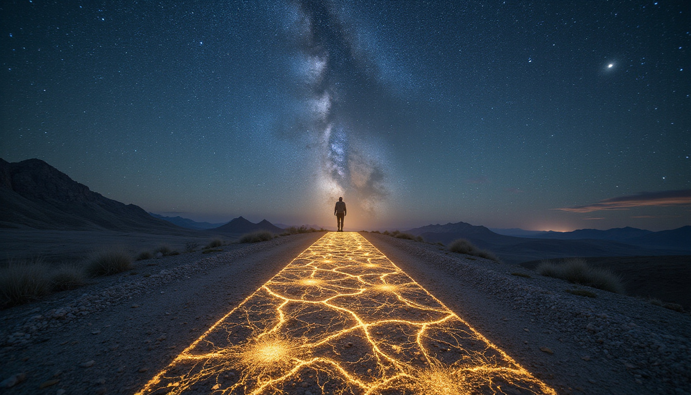 Ancient crossroads under starry sky, illuminated karmic patterns like golden maps guiding a lone traveler