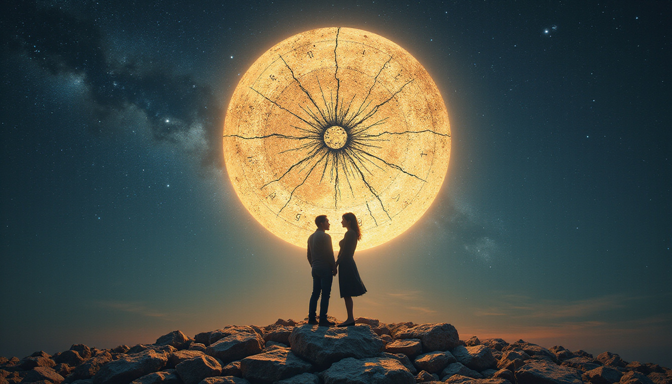  Cracked astrological wheel floating above couple, shadowed blocks and luminous relationship secrets, cinematic moonlight