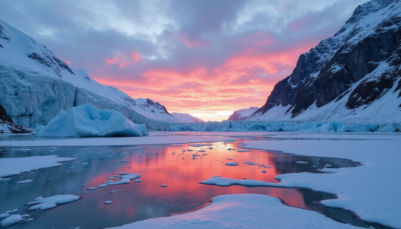 bleeding glacier melting into oil slicks, boardroom silhouettes turning away, cold blue-red contrast