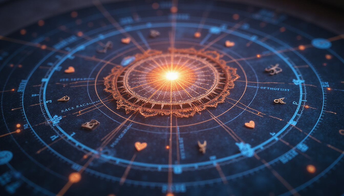 Animated astrological chart decoding relationship dynamics with gears, hearts, glowing aspect lines