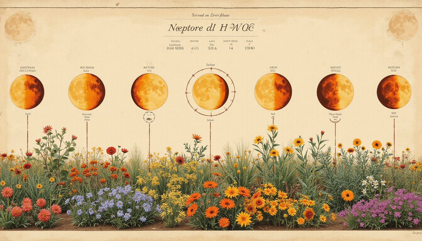 Vintage botanical diagram of moon phases over garden beds, watercolor texture, warm earthy tones