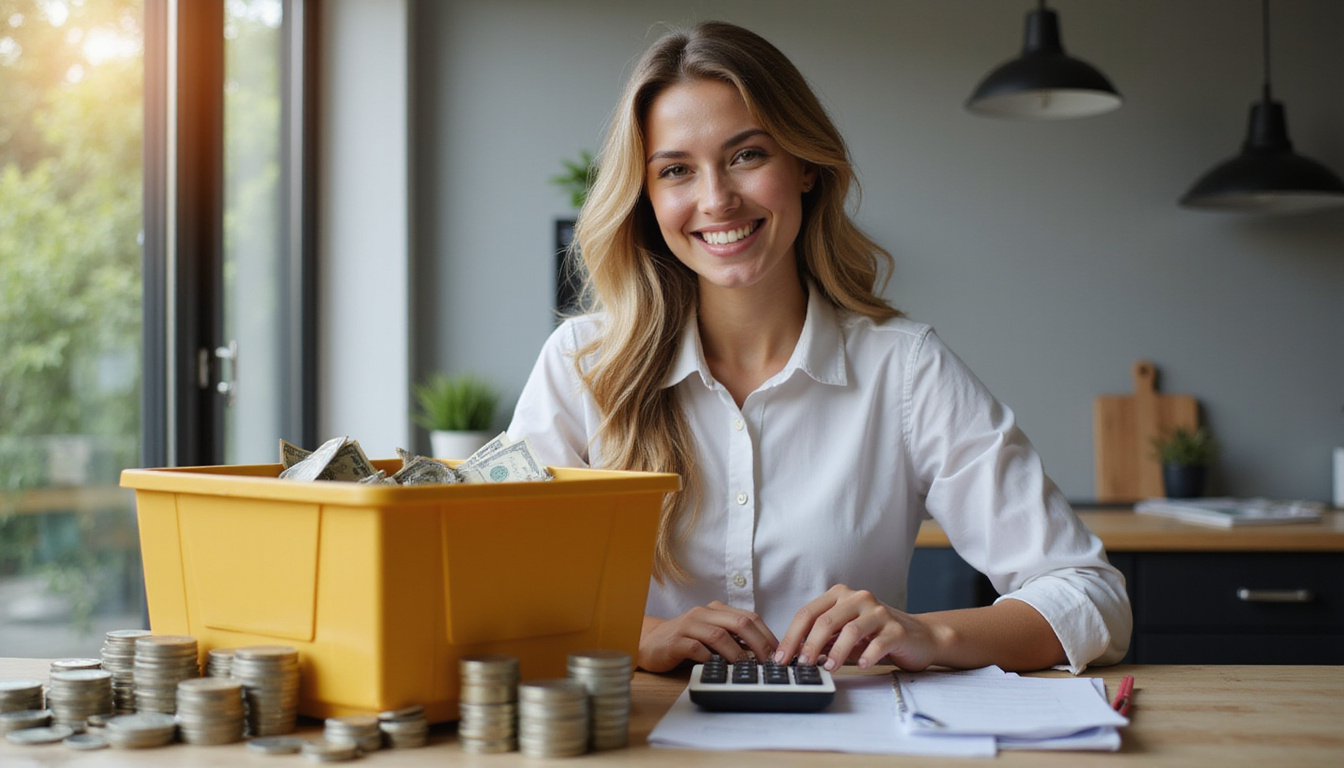 Business owner smiling beside compact dumpster, calculator, stack of coins, checklist, bright optimistic lighting