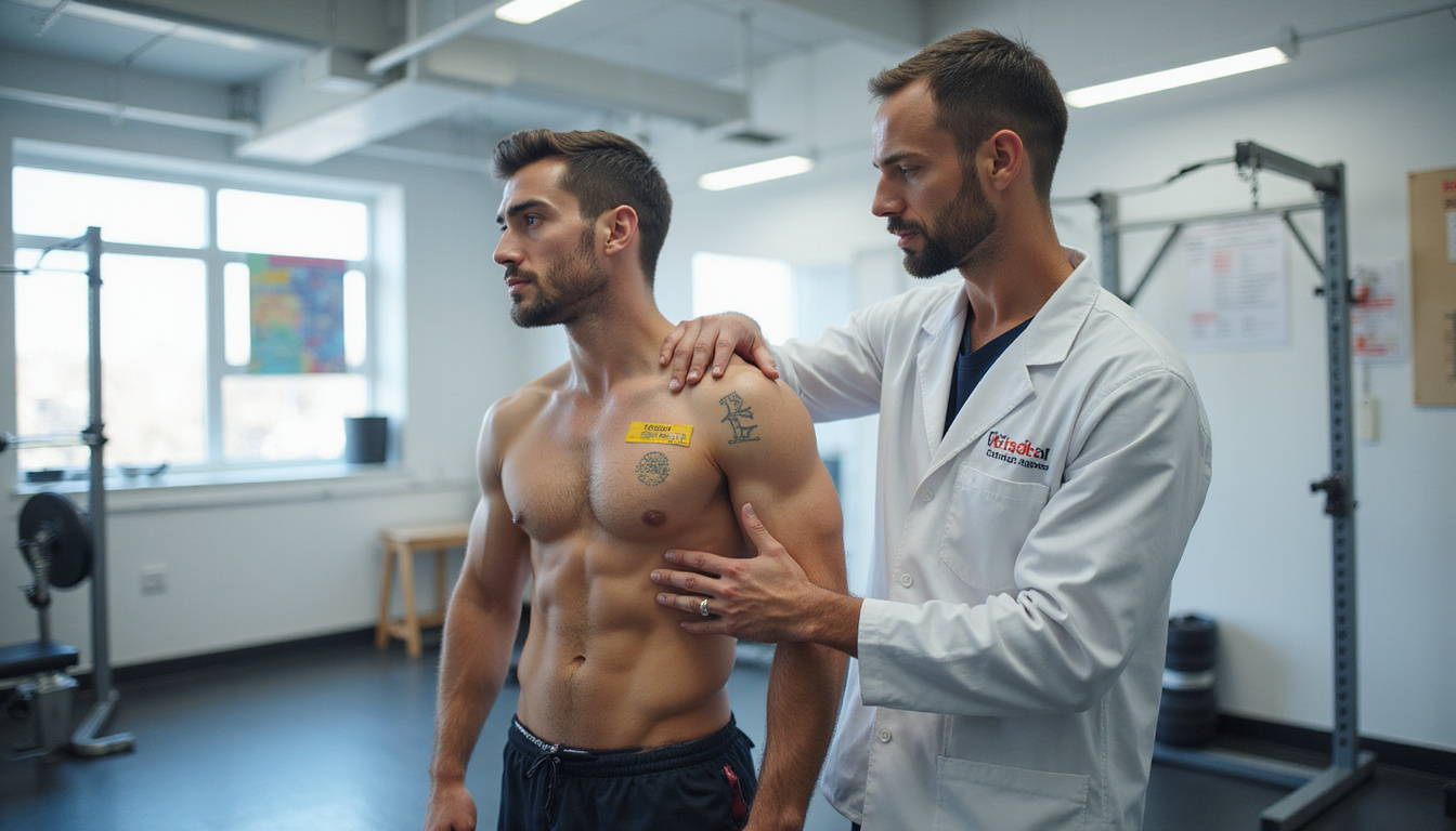  Physical therapist guiding athlete through scapular stabilization drills, infographic labels, bright clinical gym