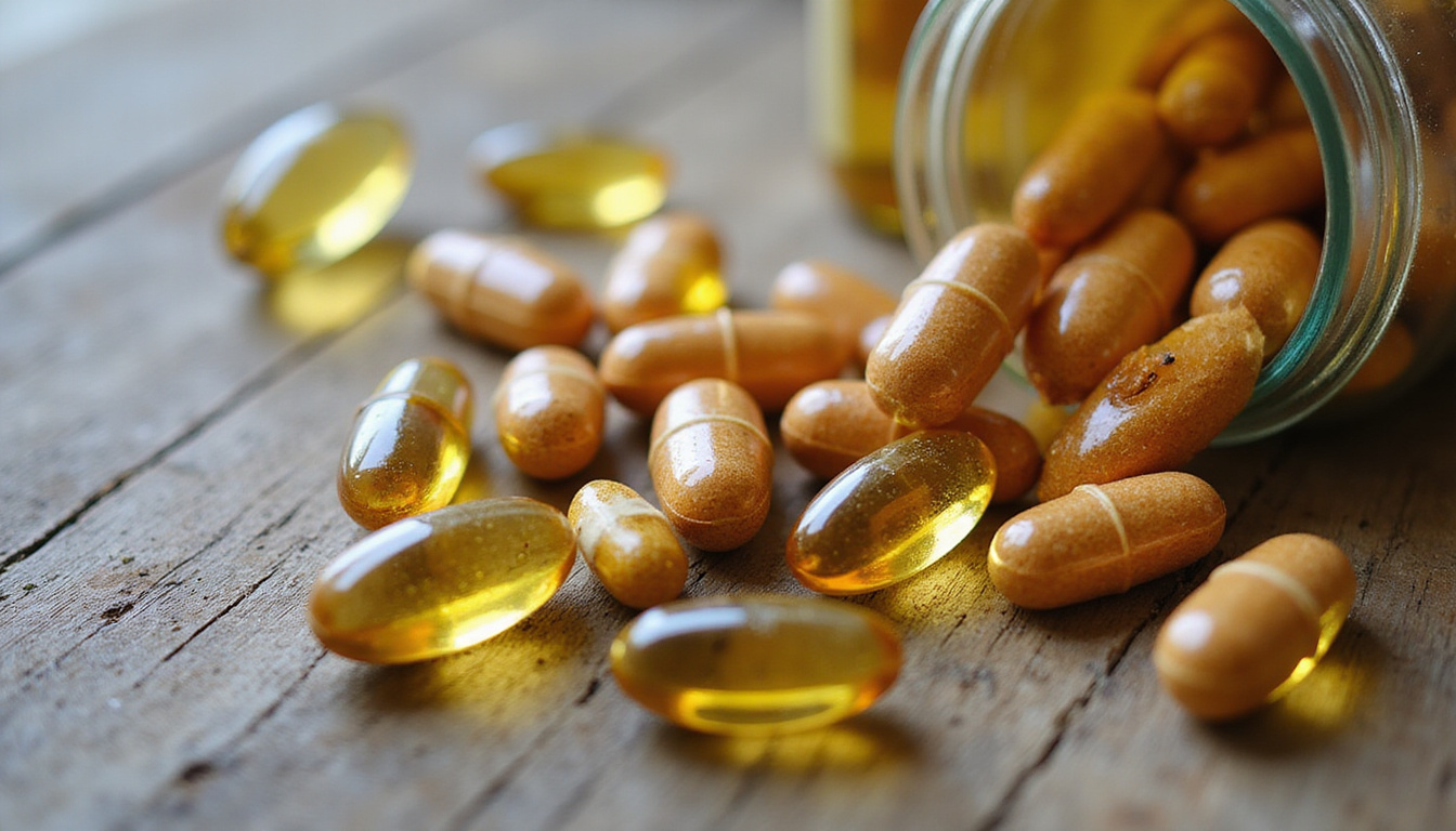  Close up supplements capsules fish oil green lipped mussel glucosamine natural ingredients rustic wood