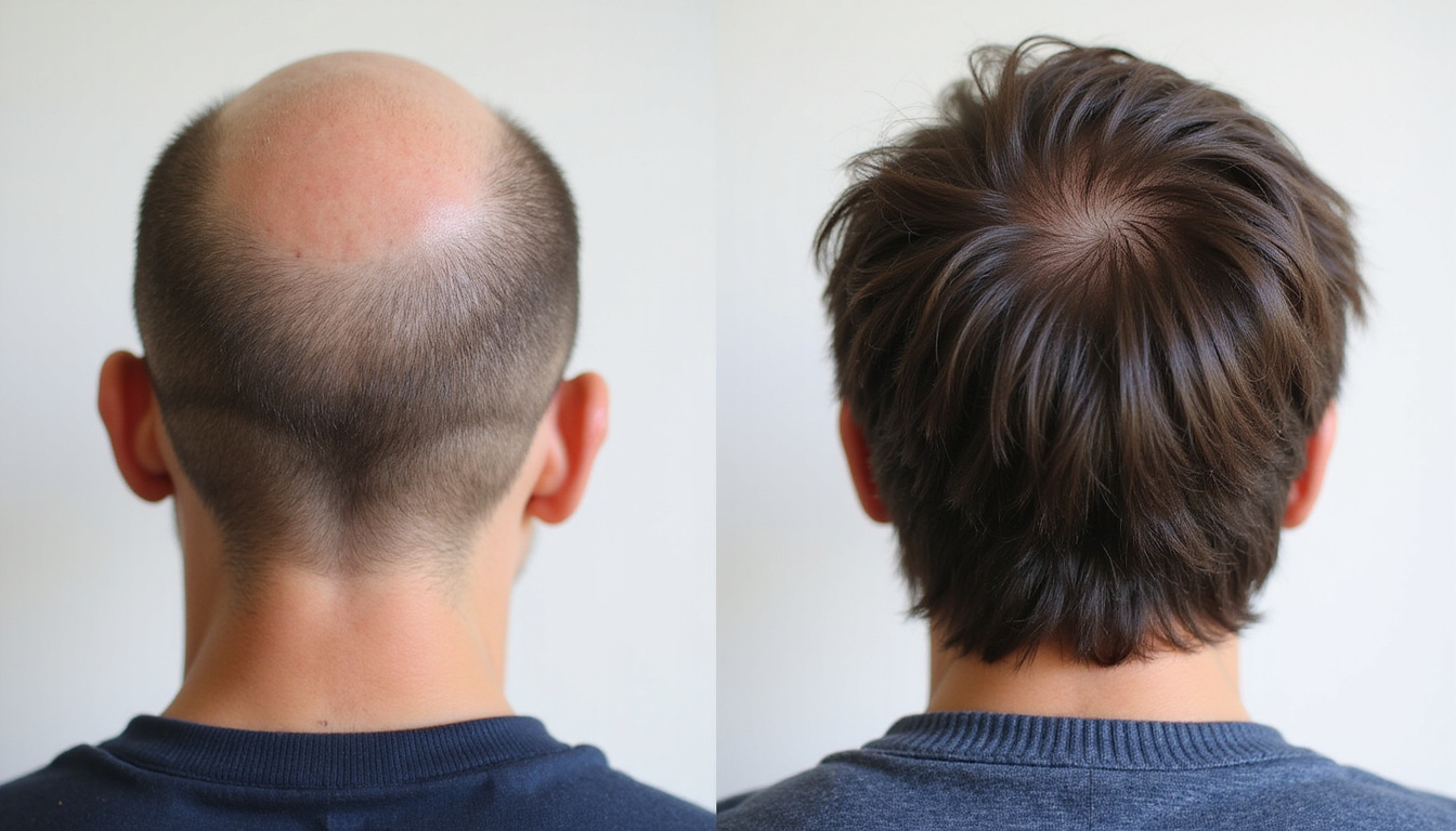  Before-and-after scalp panorama, stubbled baldness to dense regrowth, microscopic RU58841 molecular overlay