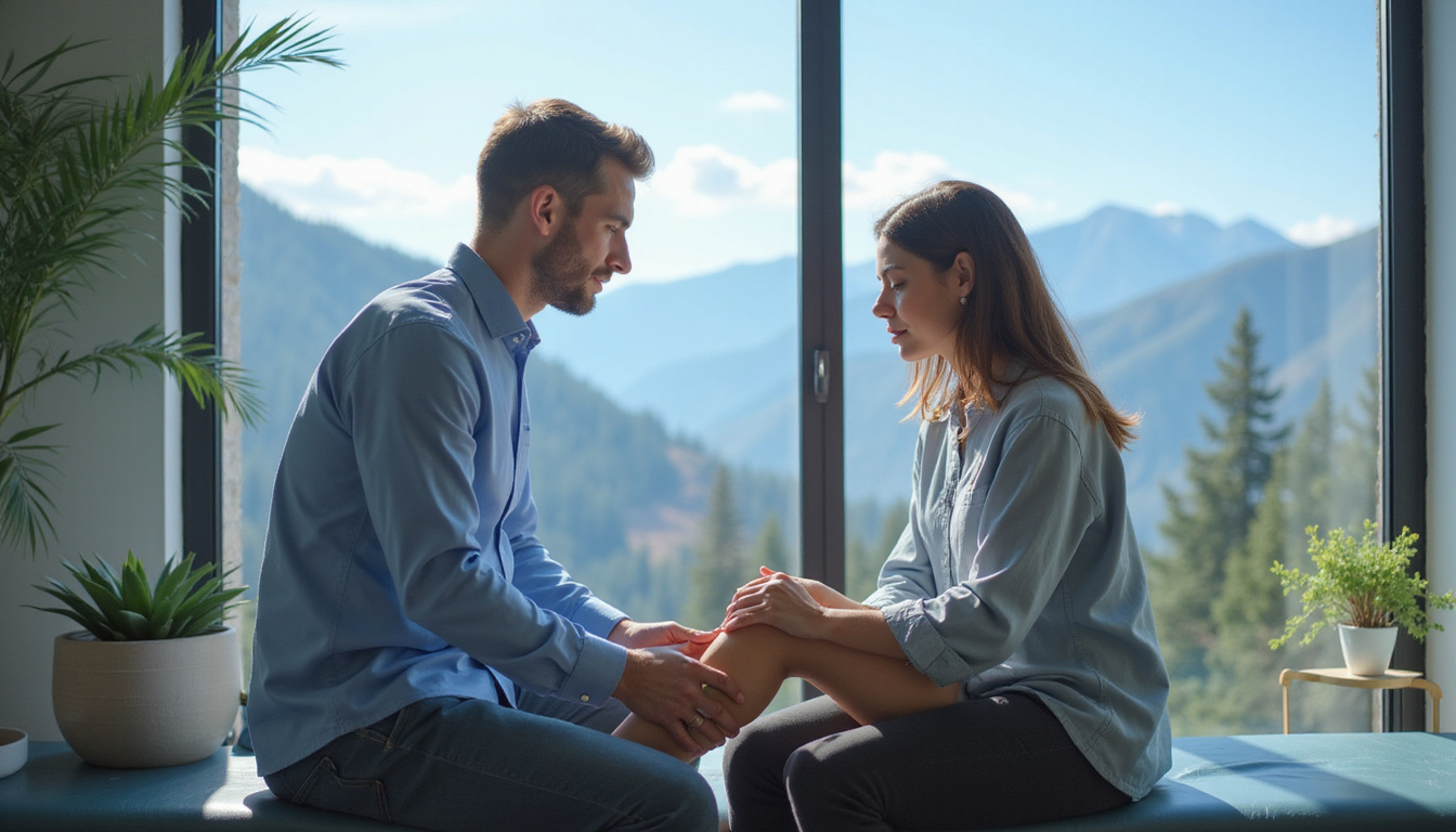  Clinic scene: therapist hands adjusting patient’s knee, modern interior, panoramic mountain view, compassionate atmosphere