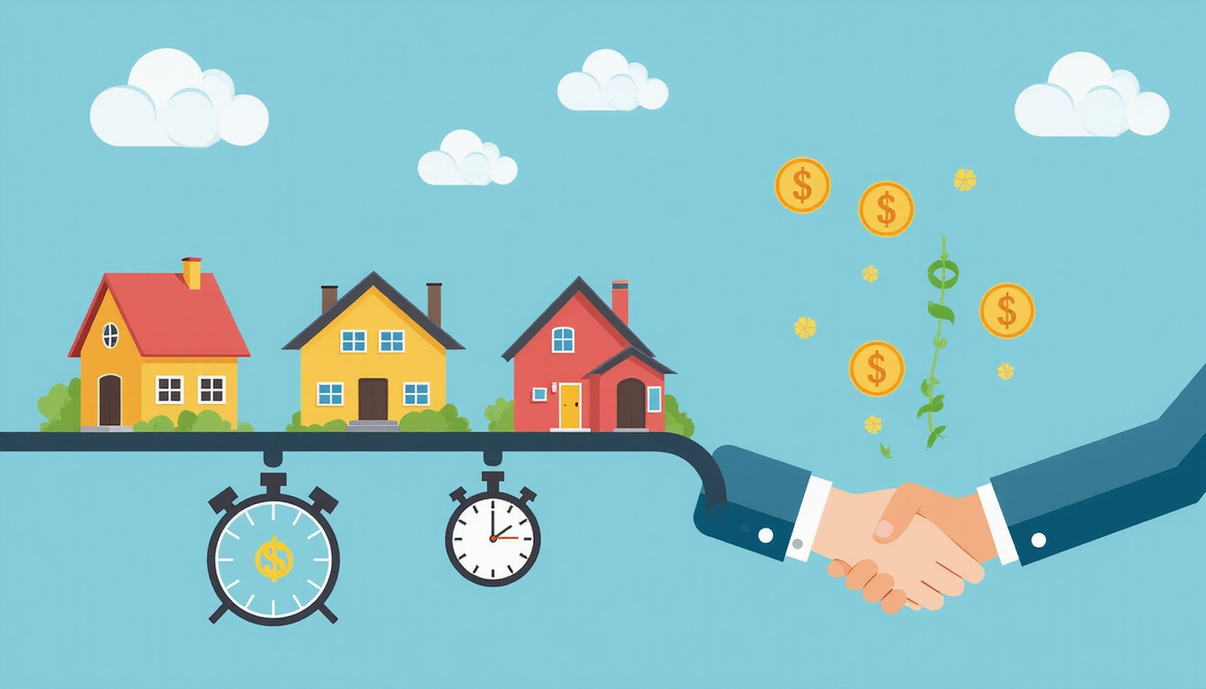  Infographic-style pipeline: properties, partnership handshake, monthly dividends raining coins, clock speeding