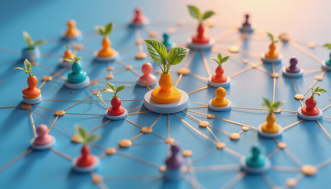  Isometric network of user profiles growing like plants, colorful nodes connected by golden threads, optimistic