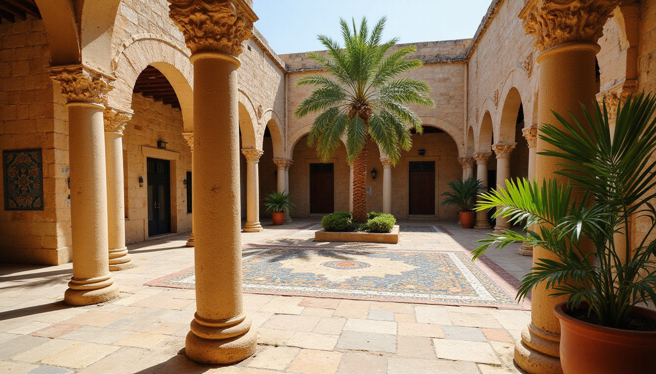 Intimate sandstone courtyard with palm trees, ornate mosaic tiles, ancient columns looming nearby