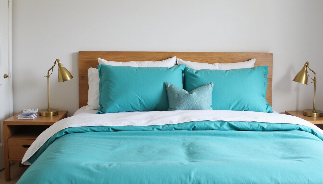 Minimal bedroom makeover: turquoise bedding, white linen, natural wood headboard, soft gold lamps