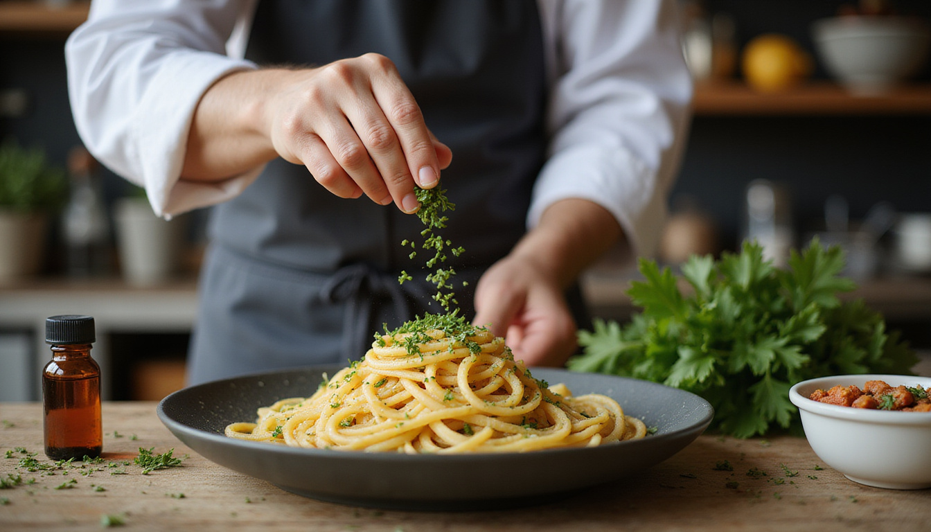 Chef in rustic kitchen sprinkling chopped rue over pasta, small amber bottle of tincture nearby