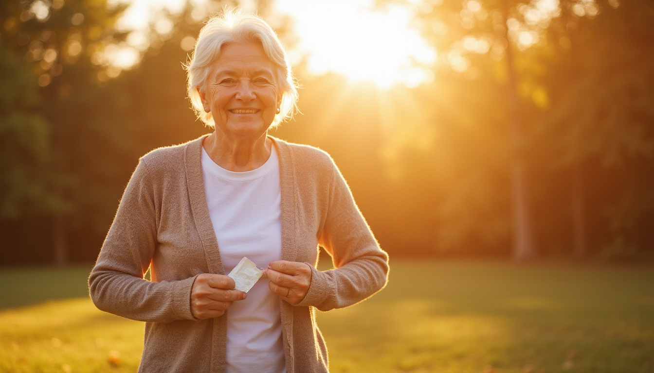  Smiling older woman walking freely, transparent sustained-release patch over joint, no needles, sunrise