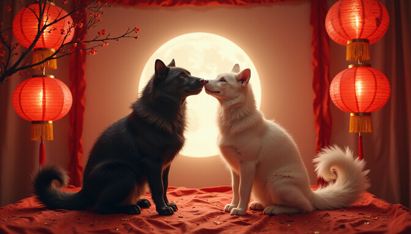 Romantic compatibility scene: zodiac animal couples entwined under red lanterns, moonlit silk background