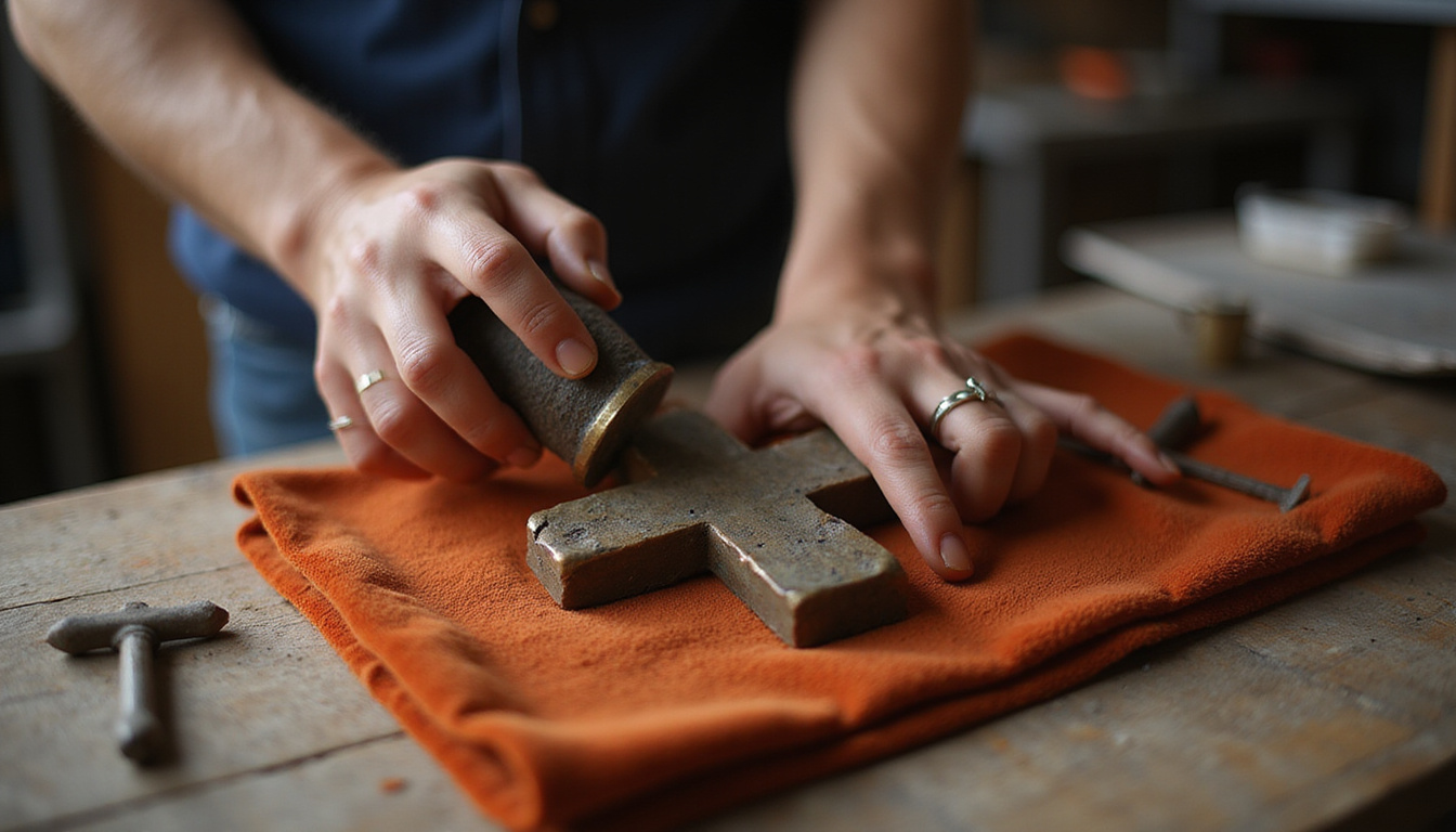 Close-up hands polishing bronze processional cross on velvet cloth, soft workshop light, restoration tools