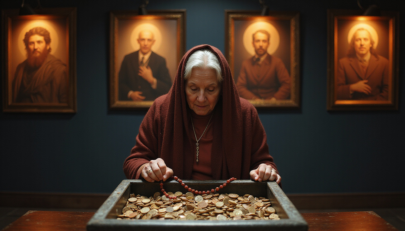 Elderly woman holding rosary, coins on closed coffin, ancestral portraits glowing faintly