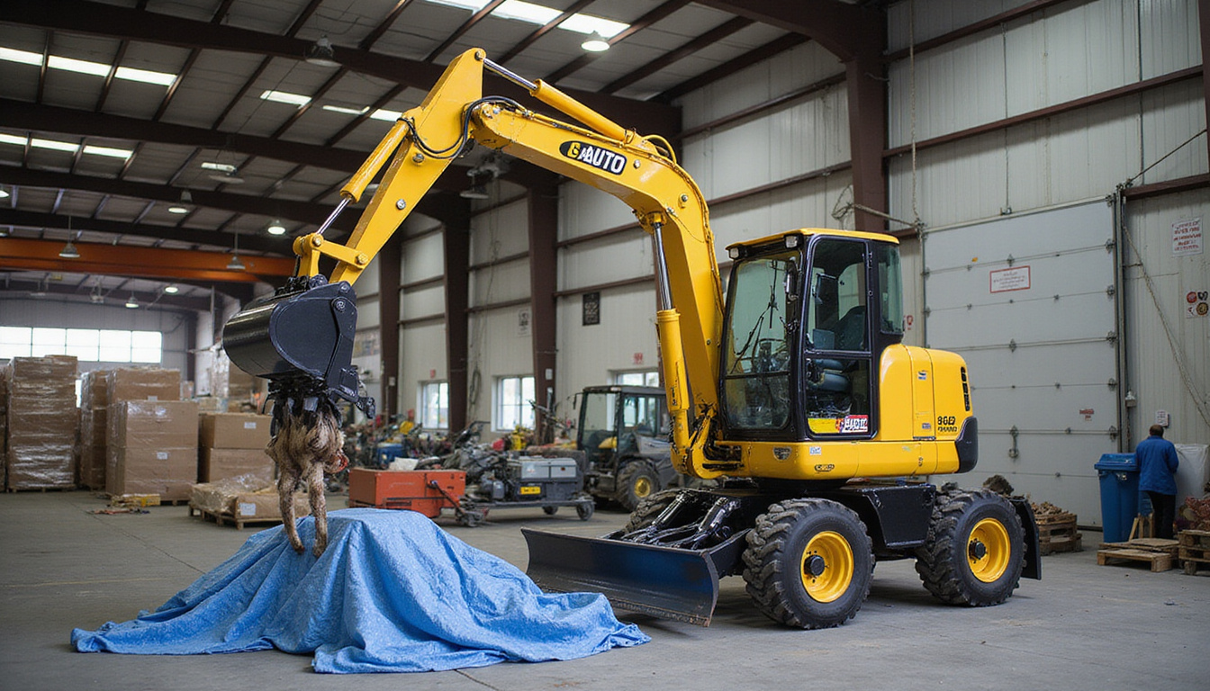 Pros using mini excavator and tarp system, streamlined loading, cost-saving labels, close-up hands