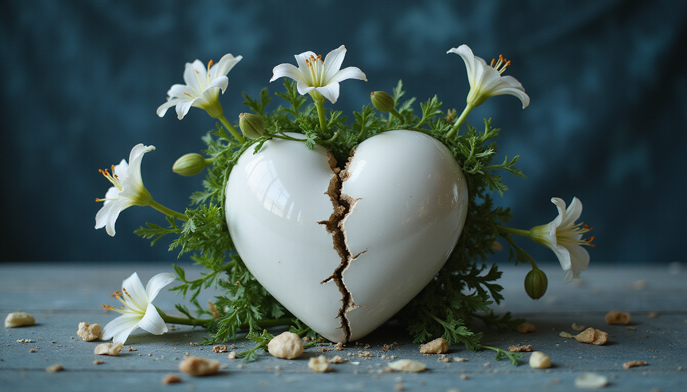Broken porcelain heart sprouting vines and lilies, moonlight mending cracks, soft cosmic atmosphere