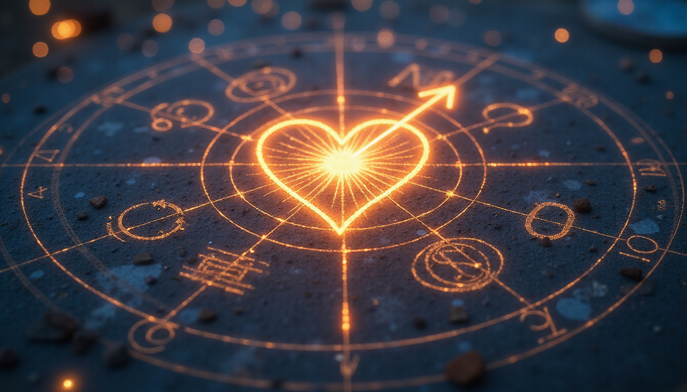 Mystic horoscope chart overlay, radiant starburst highlighting heart, dollar sigils, ascending arrow