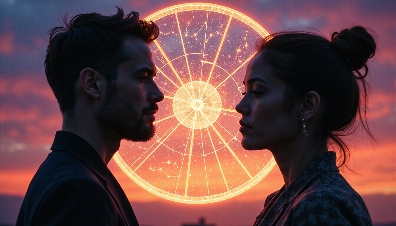  Silhouettes facing each other, translucent astrological wheel between them, constellations revealing compatibility secrets