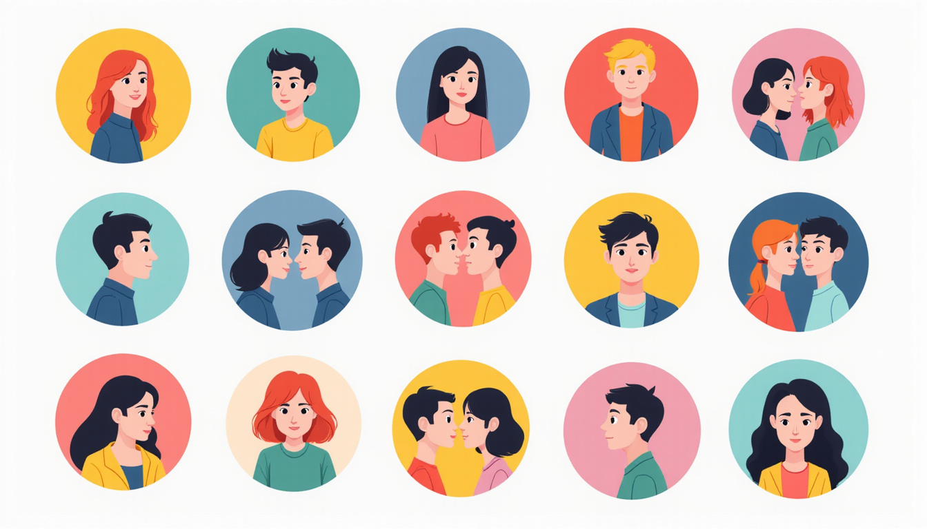 Infographic-style scene showing nine compatibility signs: body language, values, communication, empathy icons