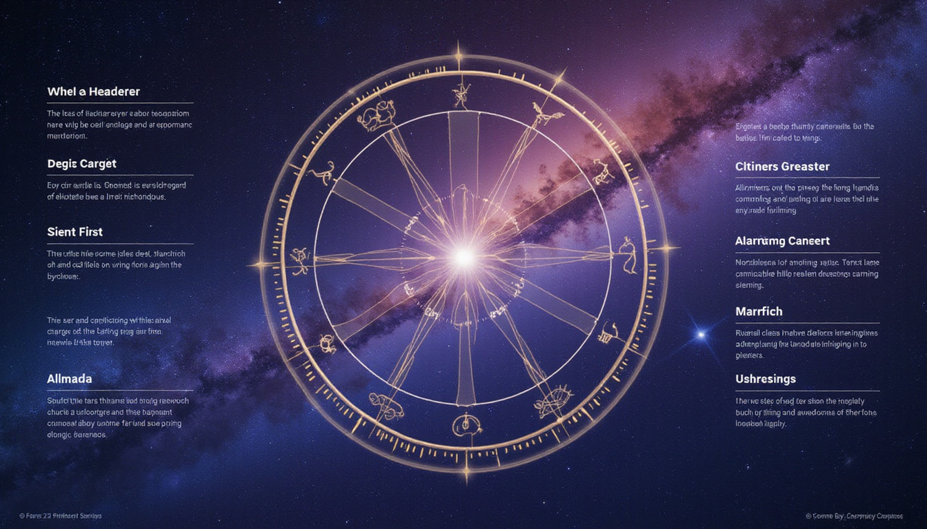 Minimalist infographic of birth chart elements with clear labels, luminous lines, cosmic background