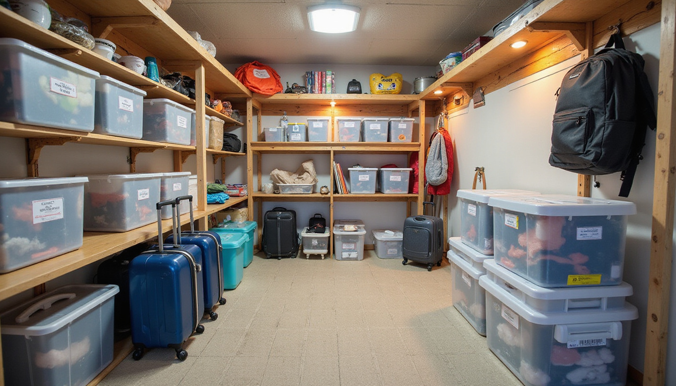  Organized storage room with labeled clear boxes, rolling suitcases, hanging vacuum bags, warm cozy lighting