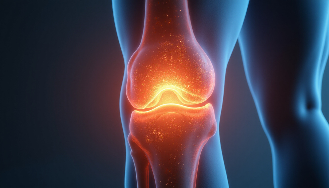 Close-up anatomical cross-section knee, softened cartilage, warm healing light, exercise icons and mobility symbols