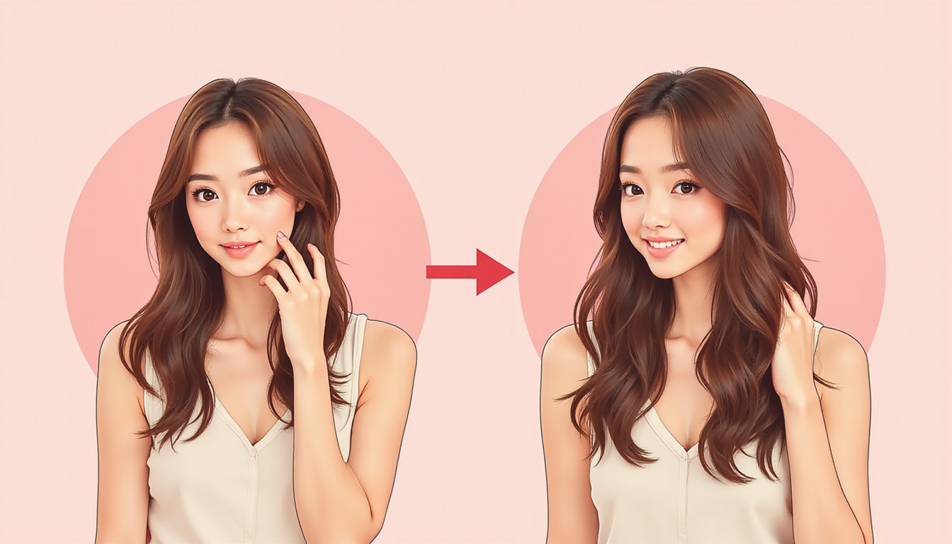  Before-and-after sequence showing thinning to thick hair, dermatologist tips overlay, soft neutral background