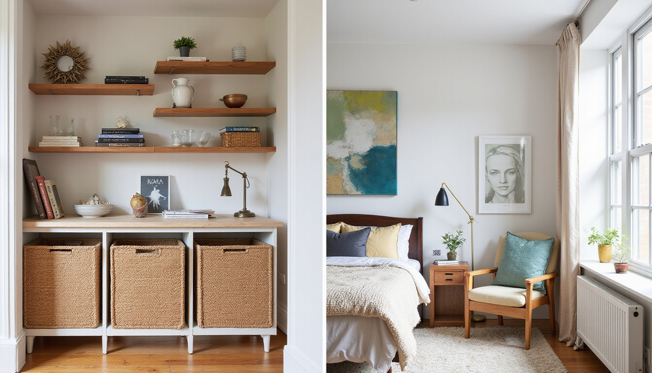 Before-and-after split interior: budget makeover, hidden storage solutions, stylish textiles, brass accents