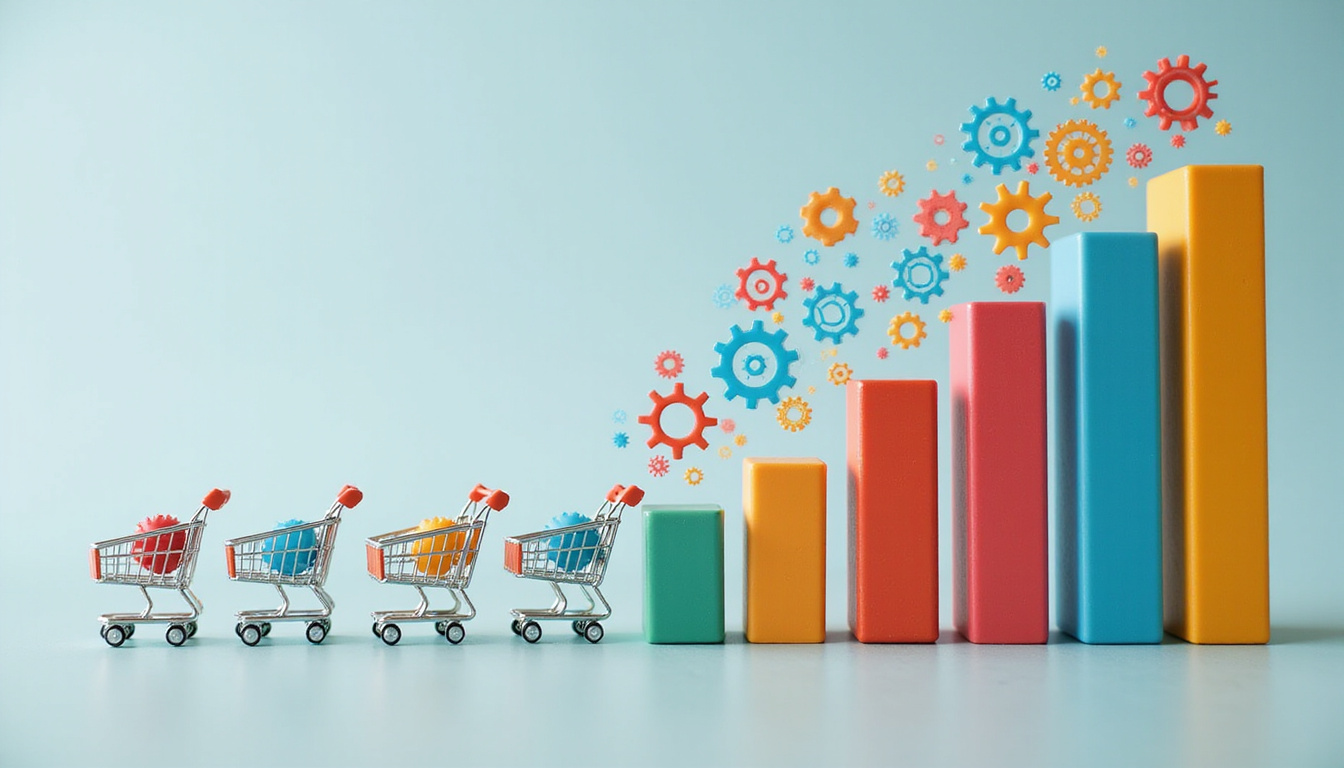  Row of miniature gears turning, each click launches exploding shopping carts and ascending bar charts