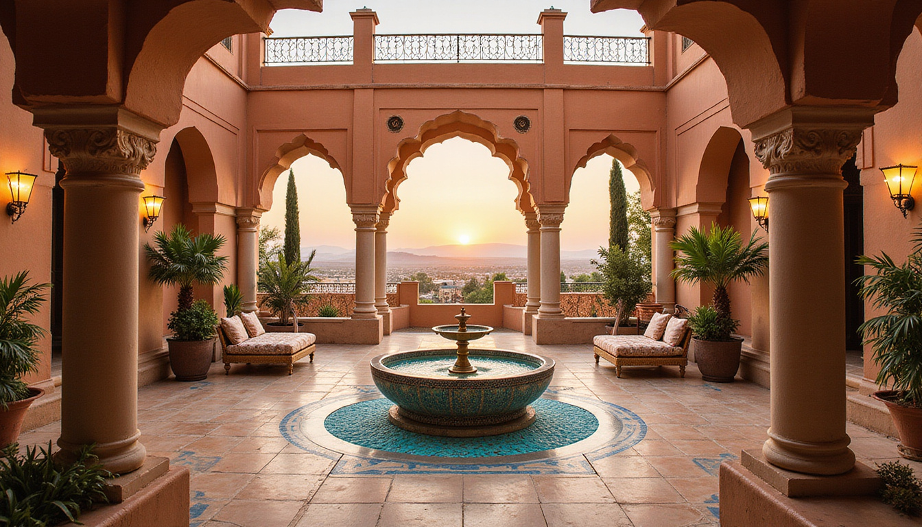 Ornate courtyard with mosaic fountain, brass lamps, plush divans, Nubian color palette, desert horizon
