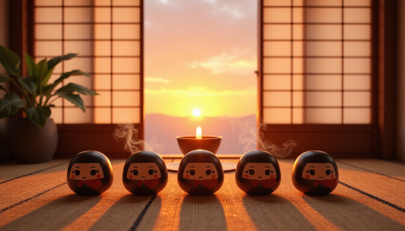  Minimal tatami room altar, multiple Daruma dolls, incense smoke, sunrise through shoji, handwritten goals