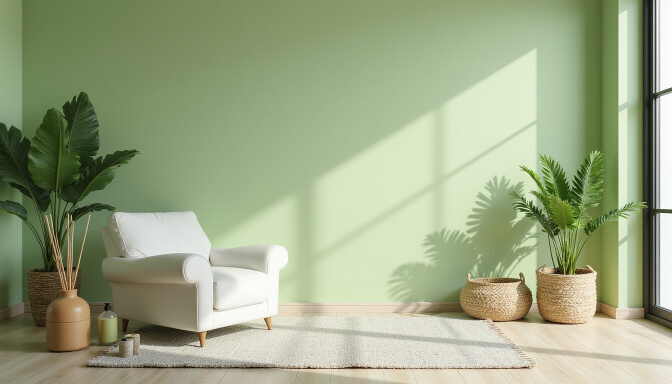  Modern minimalist living room with lemongrass diffuser, natural cleaners, woven baskets, calming green palette