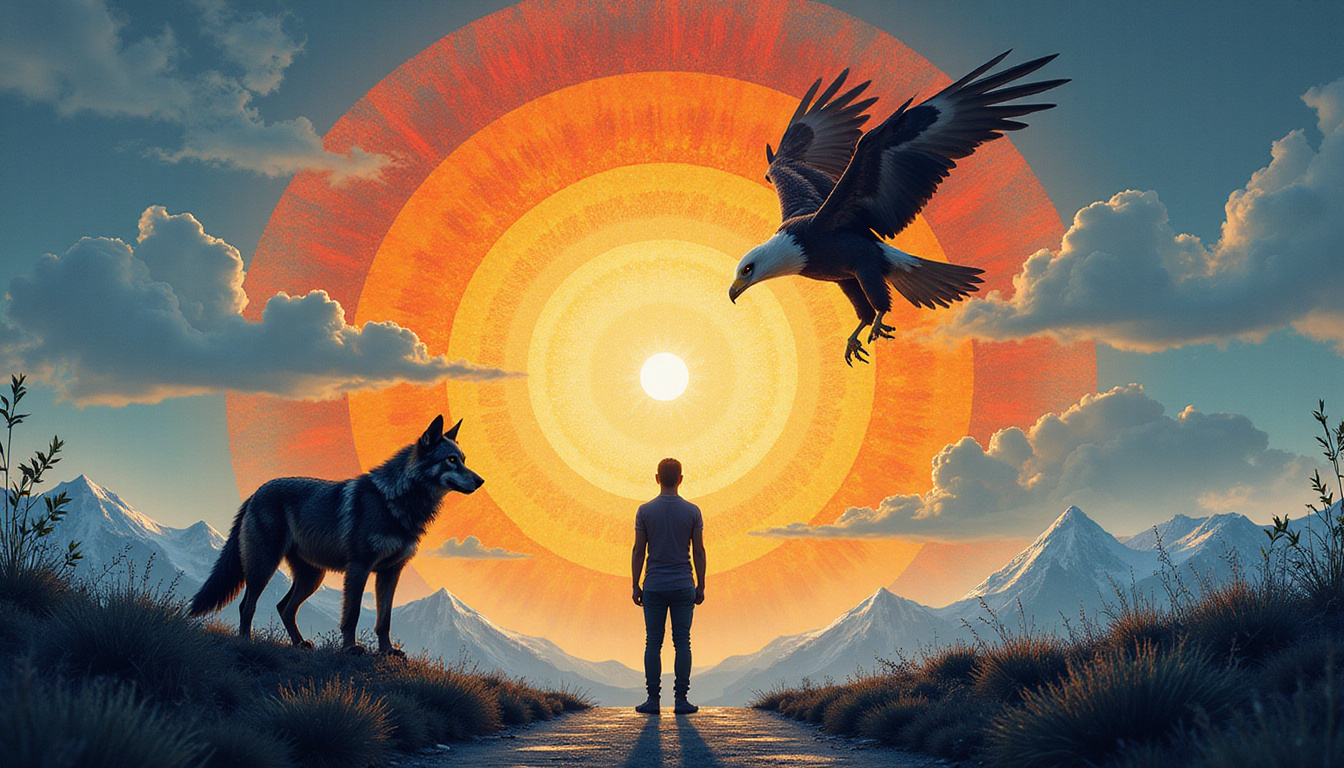  Person standing at crossroads, spirit animals guiding — wolf for courage, eagle for purpose
