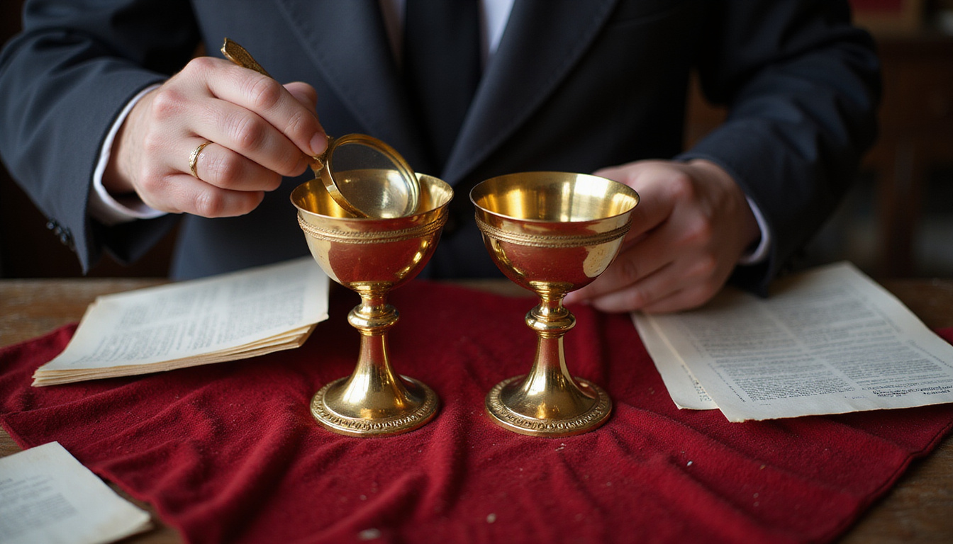  Restoration expert comparing genuine and fake chalices on velvet, magnifier, authenticity papers, dramatic lighting