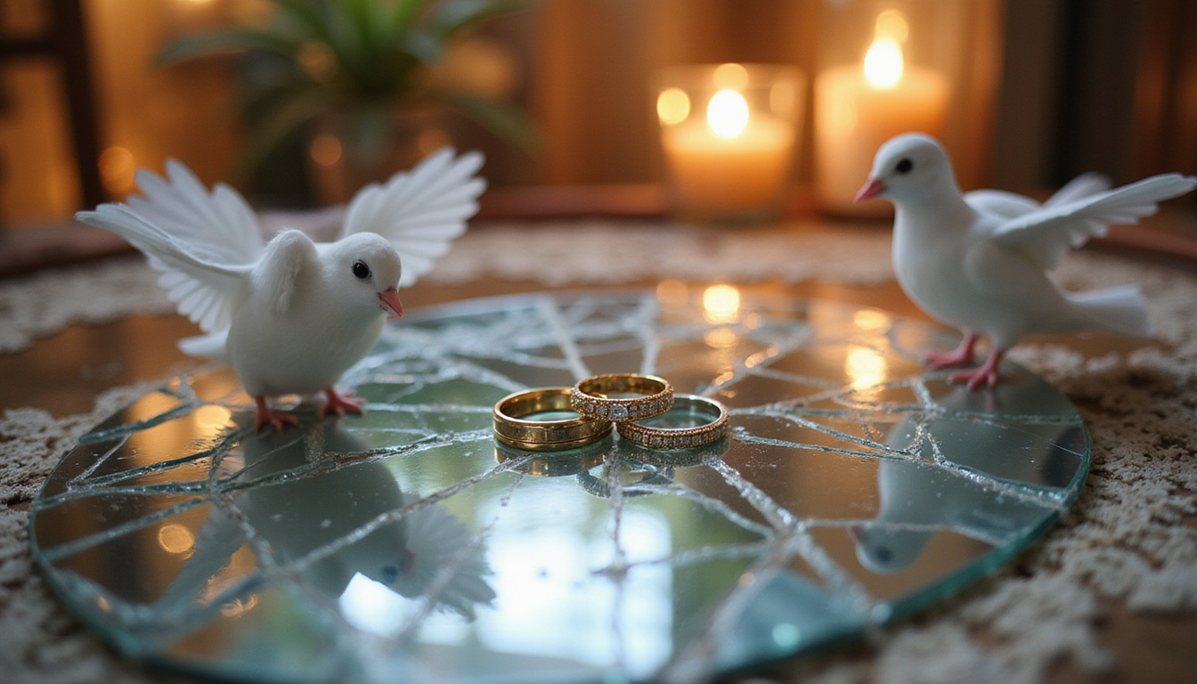 Shattered mirror fragments reflecting wedding rings, white doves, candlelit rustic altar, ethereal atmosphere