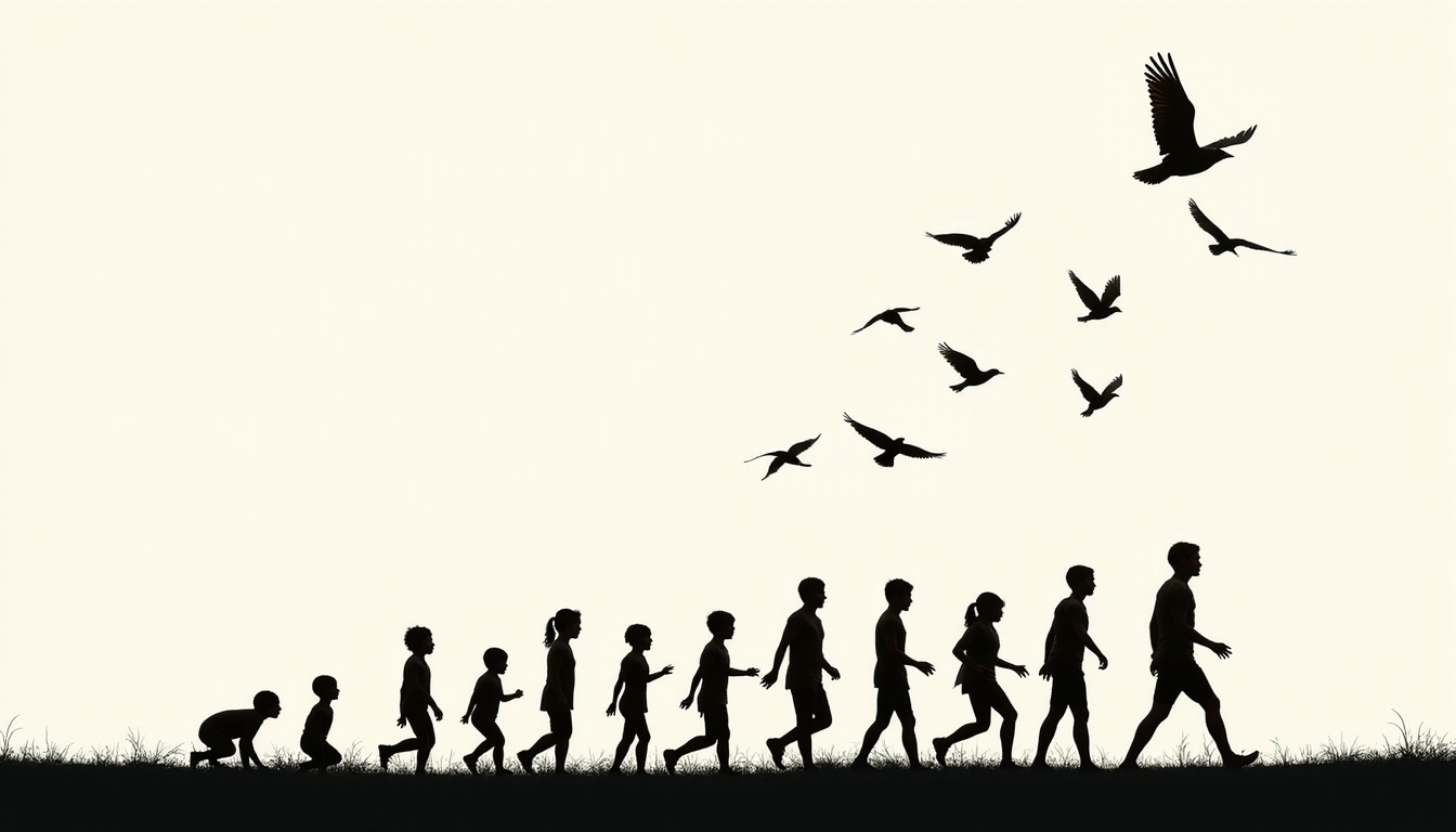  Silhouette sequence evolving from curled fetal pose to confident stride, birds rising into bright open sky