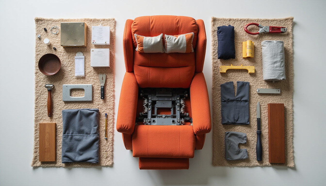  Overhead shot of recliner disassembled on blankets, labeled parts, tools and step-by-step notes