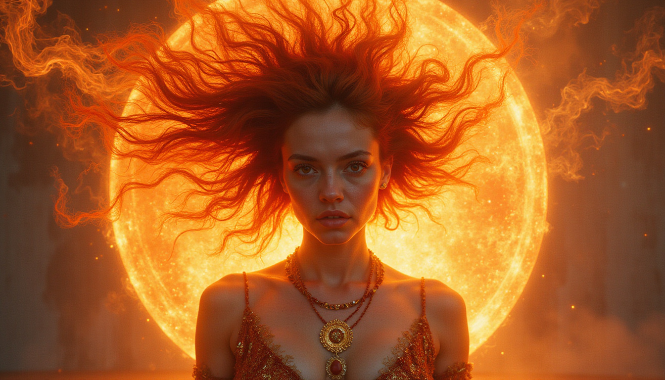 Woman with flaming hair golden eyes powerful stance molten aura celestial symbols saturated sunset colors