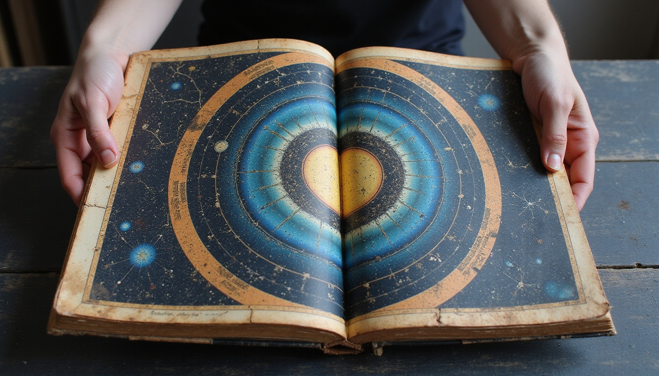 Weathered handbook titled Saturn Return, celestial map unfurled, hands opening, cracks heal into blooming constellations