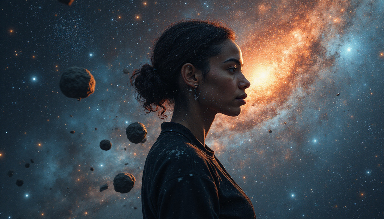 Surreal portrait merging human silhouette with asteroid fragments and cosmic patterns mapping life paths