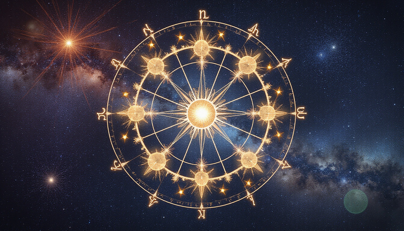  Ancient star chart overlay, tarot symbols highlighting strengths and shadowy challenges, luminous color palette