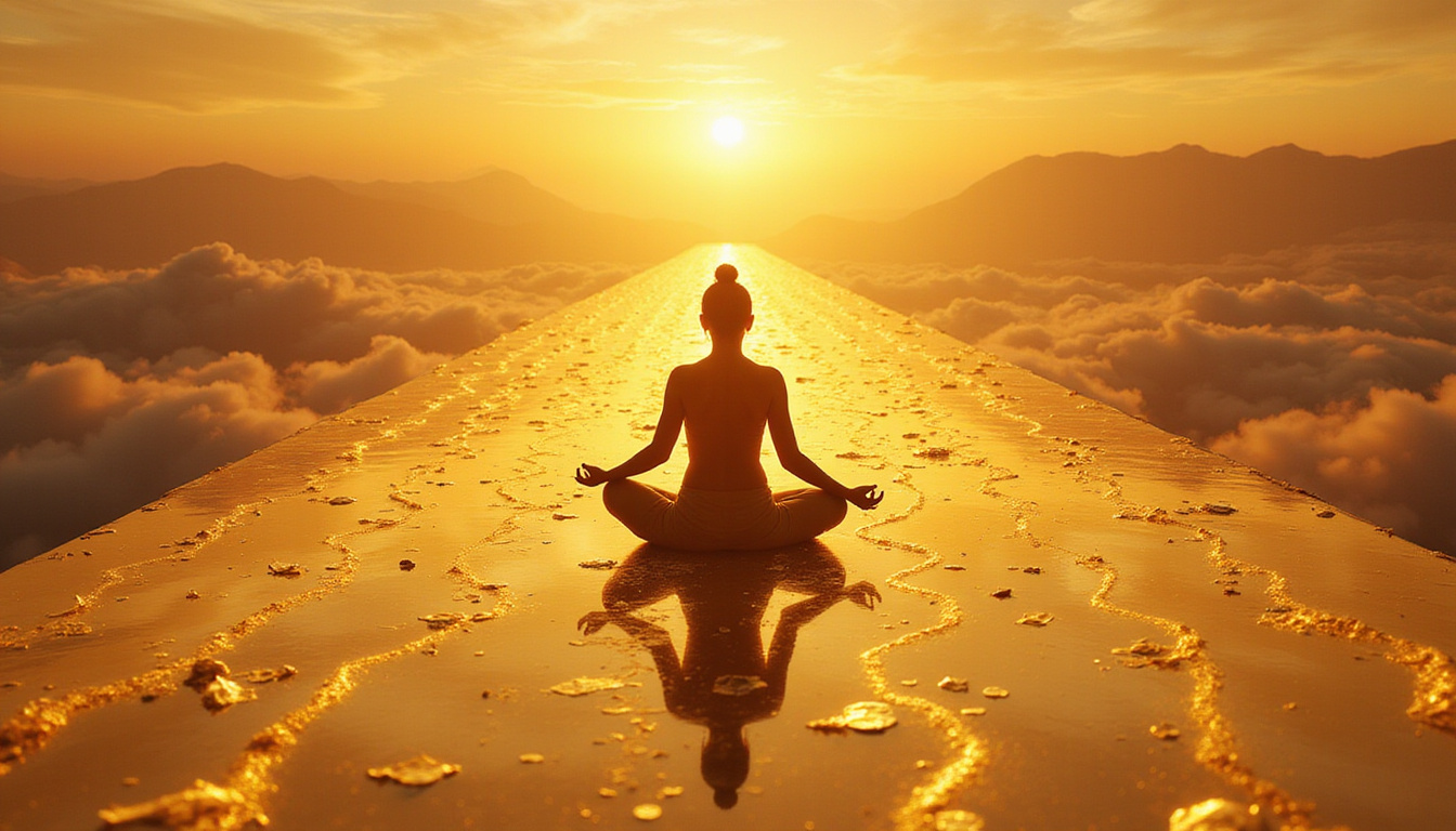 Meditative figure seated on lotus, golden pathways of wealth and purpose streaming into horizon