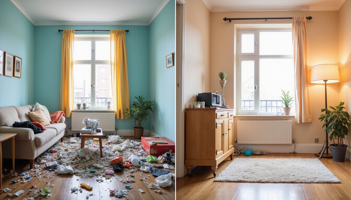 Before-and-after split image: messy rental filled with trash versus sparkling staged apartment, mop and keys