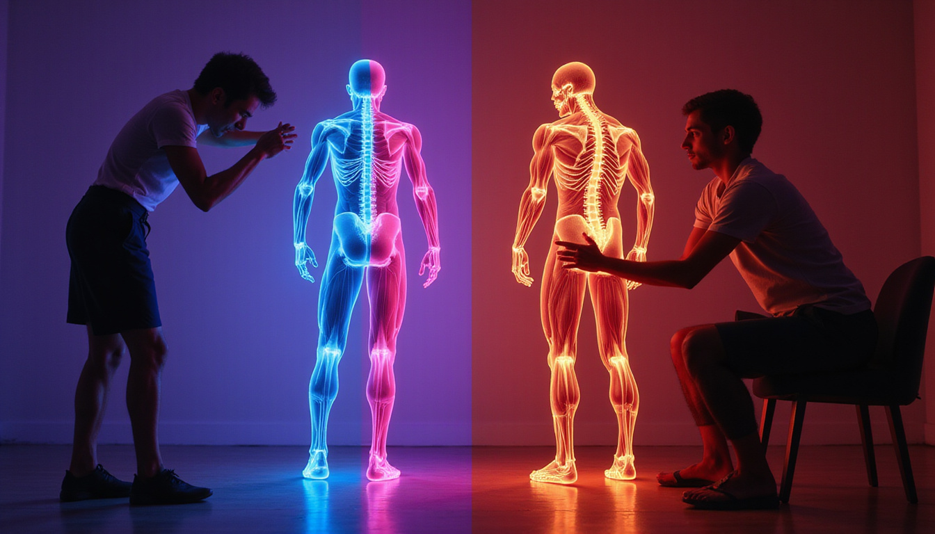 Split-screen anatomy: imbalanced vs corrected muscles, neon overlays, coach adjusting posture, motivational atmosphere